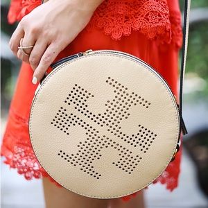 Tory Burch Beige Leather Perforated Logo Round Crossbody Bag